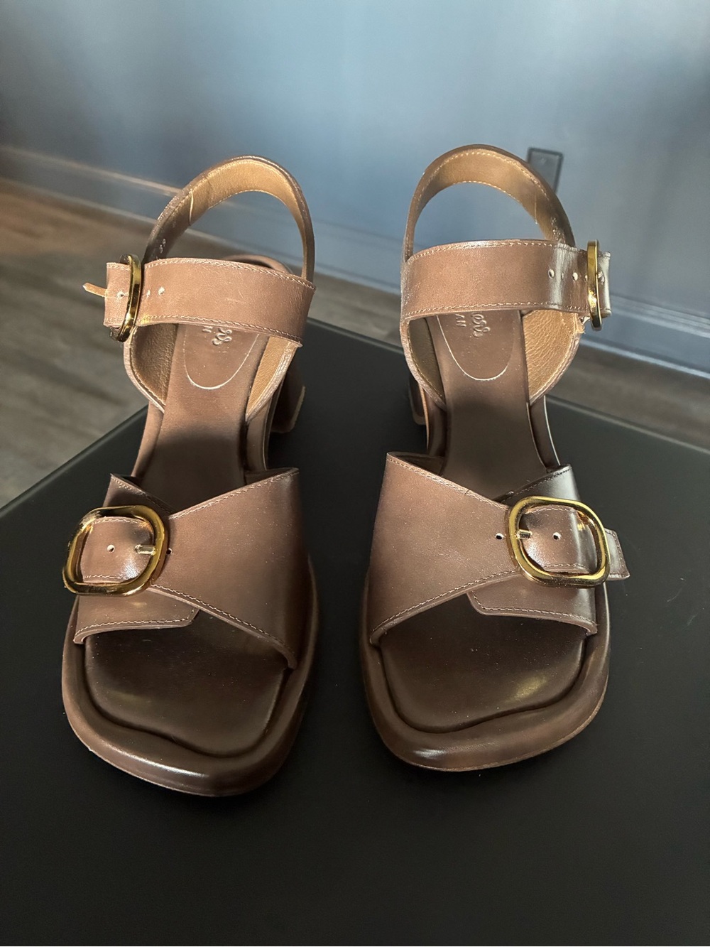 Women's Brown Buckle Strap Sandals with Gold Accents